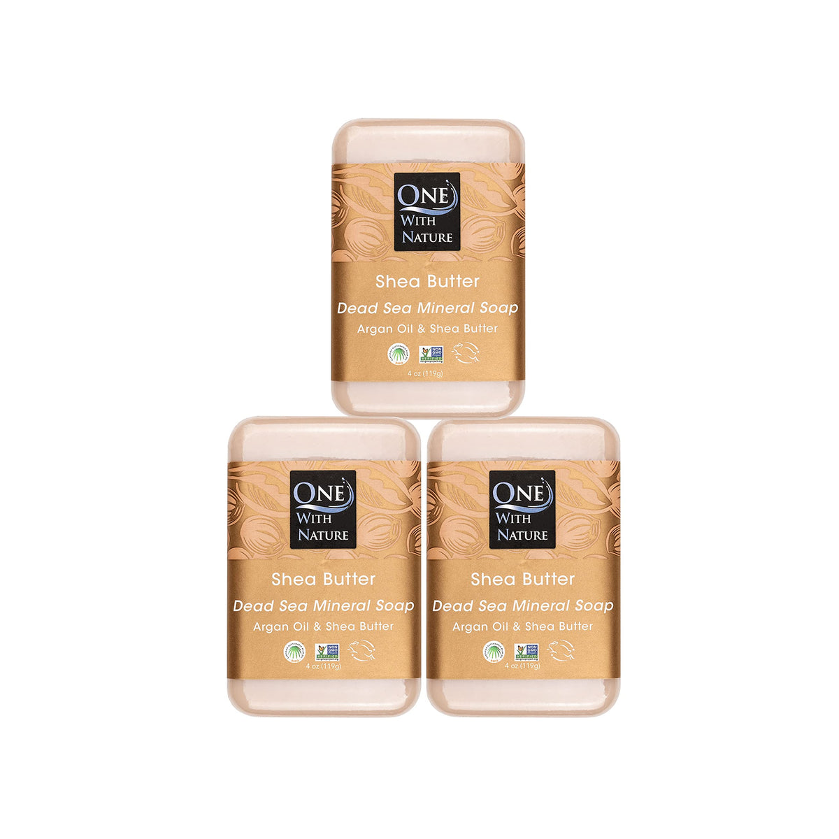 One With Nature soap pack front showing three bars and branding benefit gentle exfoliation