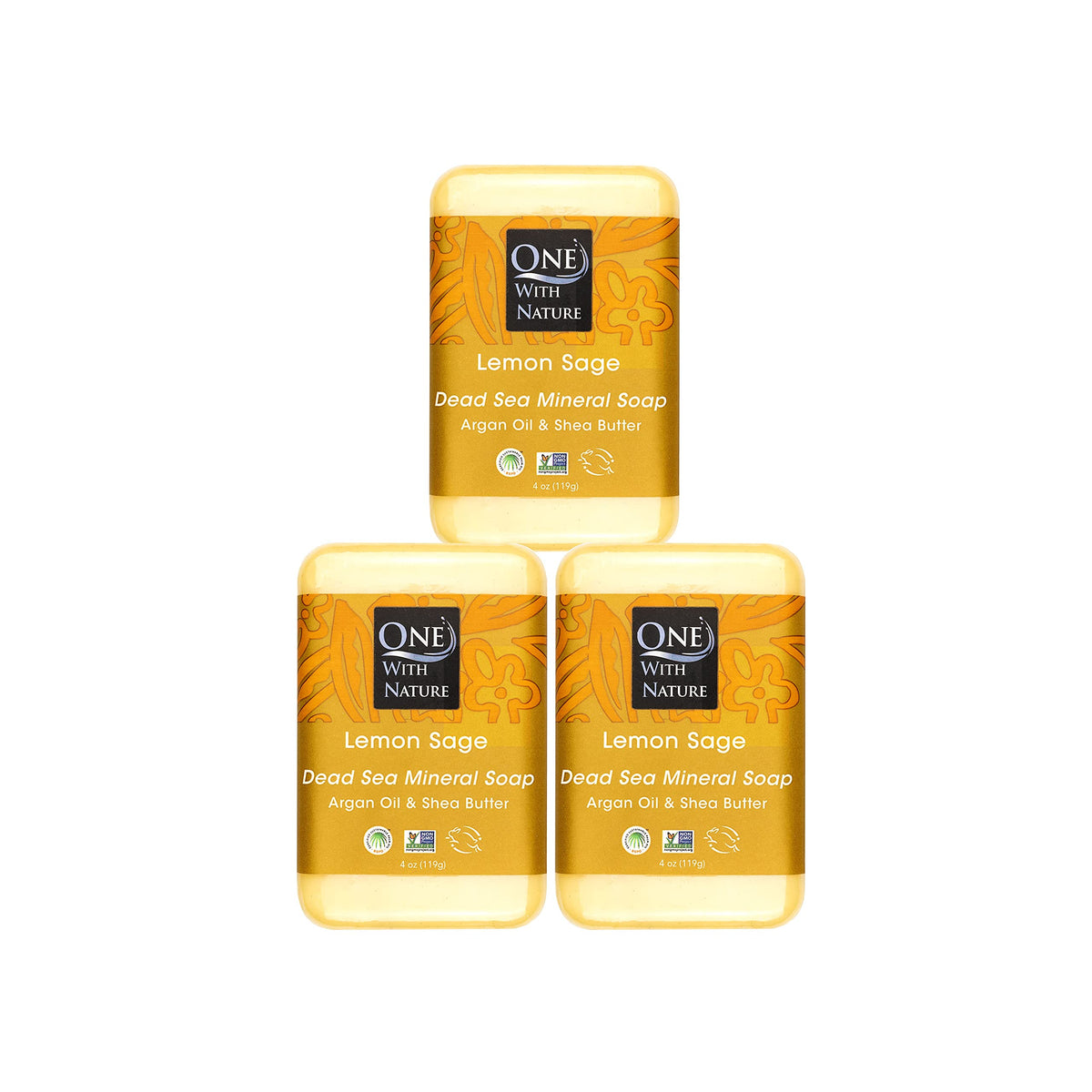 One With Nature soap front packaging showing three bars and eco-friendly box benefits