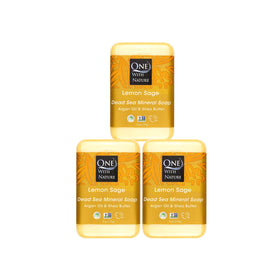 One With Nature soap front packaging showing three bars and eco-friendly box benefits