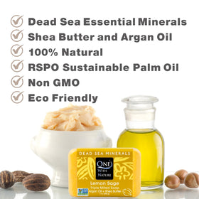 One With Nature soap in a shower setting illustrating easy rinsing and body use benefit