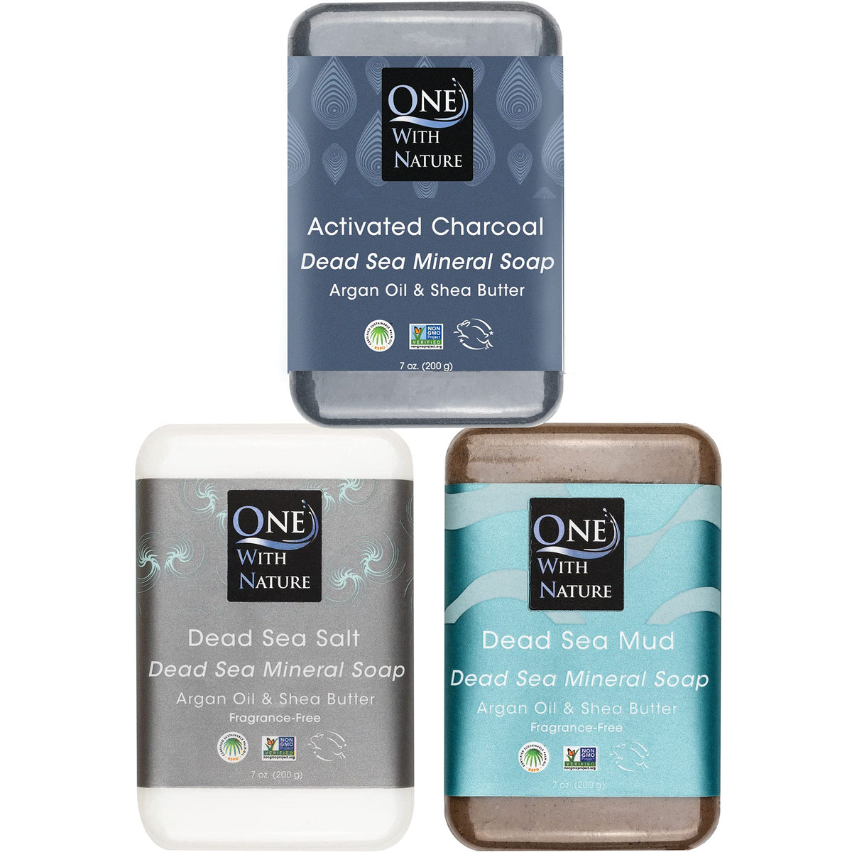 One With Nature pack front showing three mineral soap bars for detoxifying