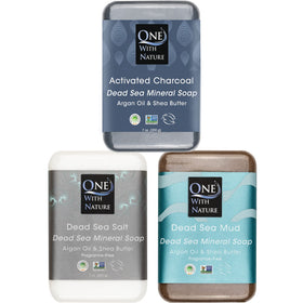 One With Nature pack front showing three mineral soap bars for detoxifying