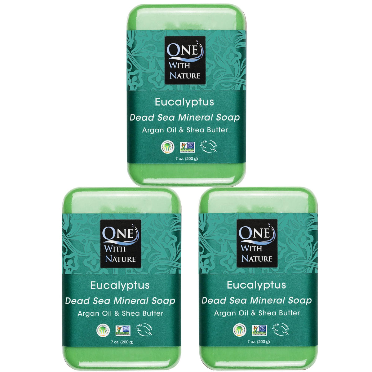 One With Nature front packaging showing three eucalyptus soap bars and eco-friendly box promoting natural benefits
