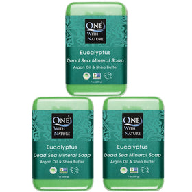 One With Nature front packaging showing three eucalyptus soap bars and eco-friendly box promoting natural benefits