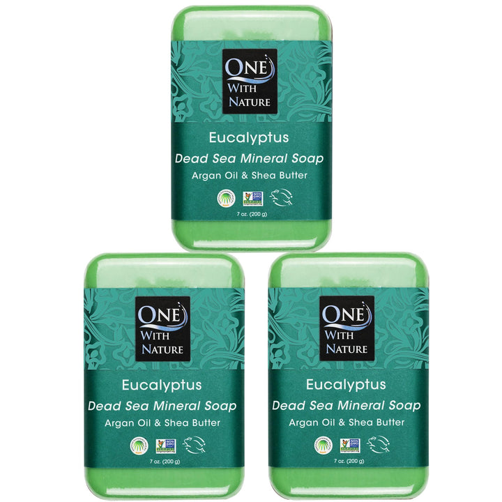 One With Nature front packaging showing three eucalyptus soap bars and eco-friendly box promoting natural benefits