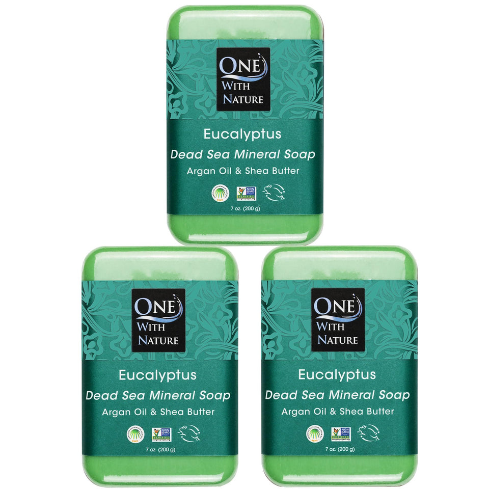 One With Nature front packaging showing three eucalyptus soap bars and eco-friendly box promoting natural benefits