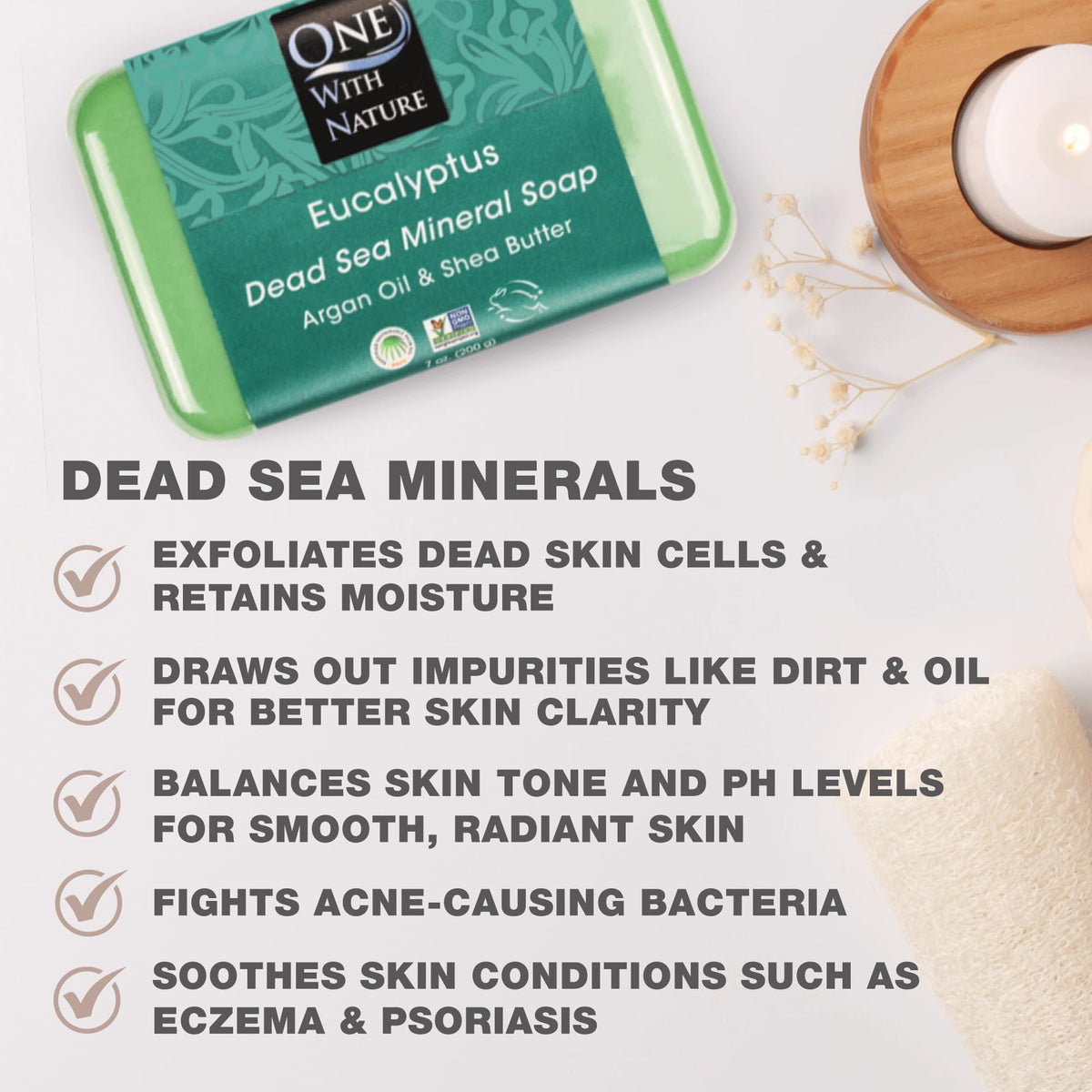 One With Nature close-up of soap texture with Dead Sea salt granules highlighting gentle exfoliation