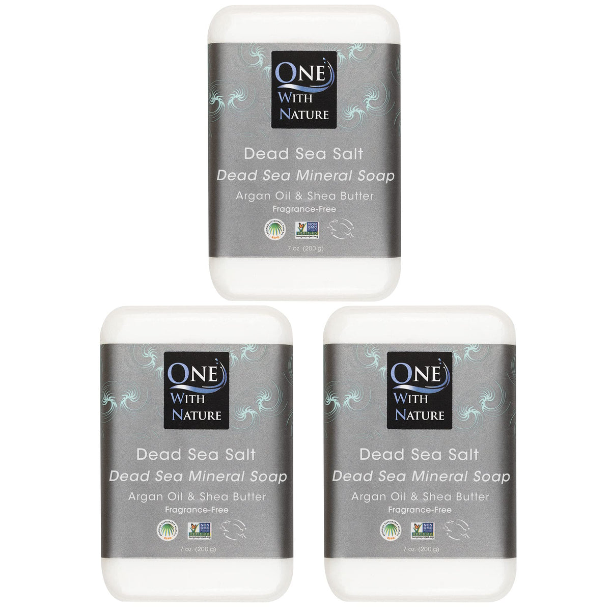 One With Nature front packaging showing three unscented mineral soap bars and ingredients benefit
