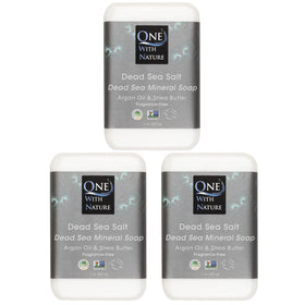 One With Nature front packaging showing three unscented mineral soap bars and ingredients benefit