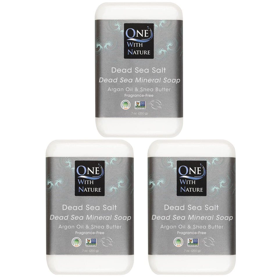 One With Nature front packaging showing three unscented mineral soap bars and ingredients benefit