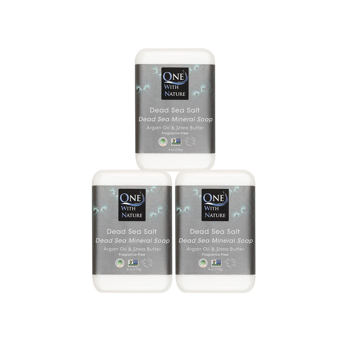 One With Nature front packaging showing three unscented Dead Sea salt soap bars and benefits