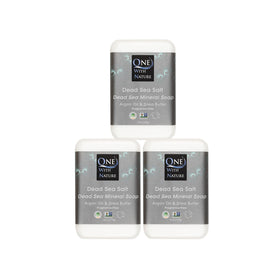 One With Nature front packaging showing three unscented Dead Sea salt soap bars and benefits