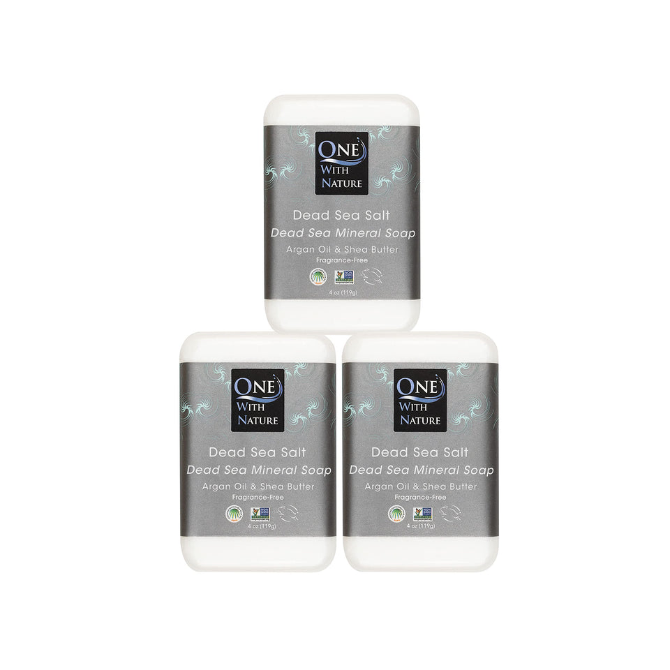 One With Nature front packaging showing three unscented Dead Sea salt soap bars and benefits