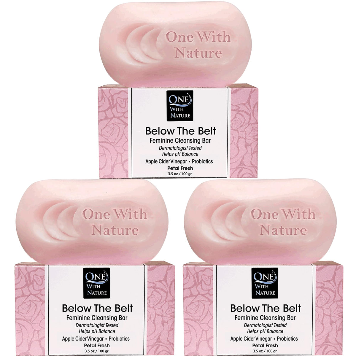 One With Nature front packaging showing three rose petal bars, convenience and eco benefit