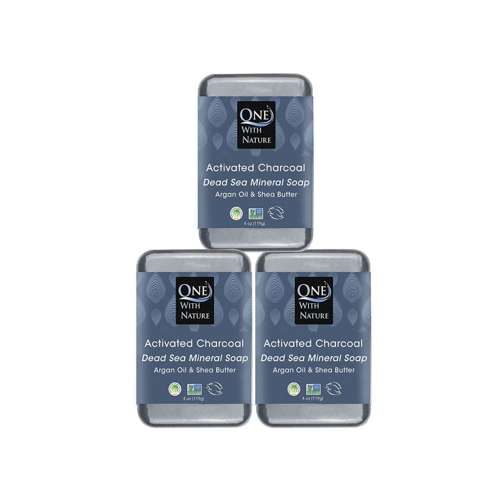 One With Nature front packaging showing three soap bars and natural branding benefit: clear skin