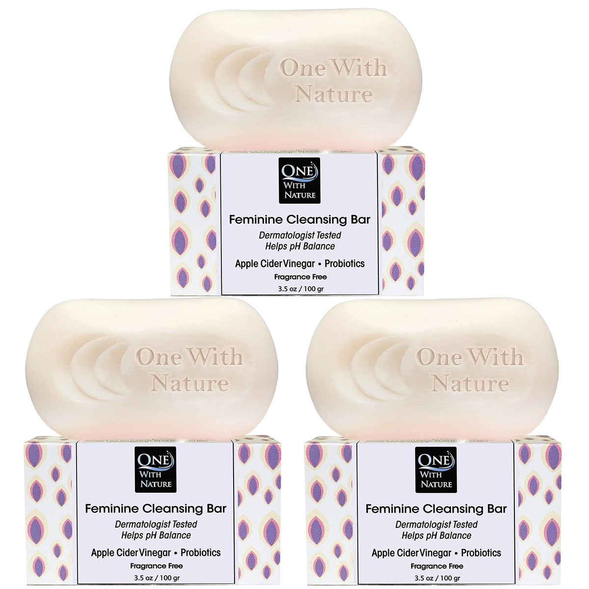 One With Nature front packaging showing three fragrance-free bars and clear labeling, gentle care