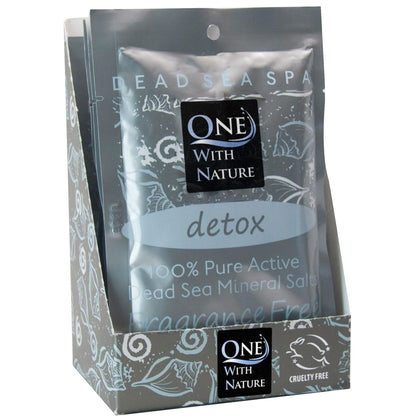 One With Nature front view of six unscented Dead Sea salt packets showing convenience