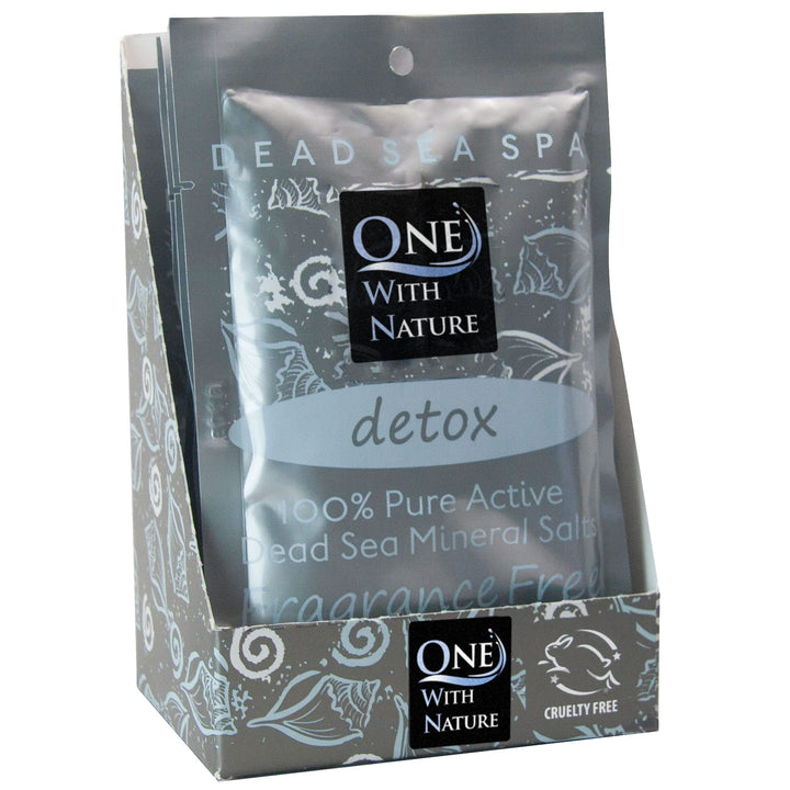 One With Nature front view of six unscented Dead Sea salt packets showing convenience