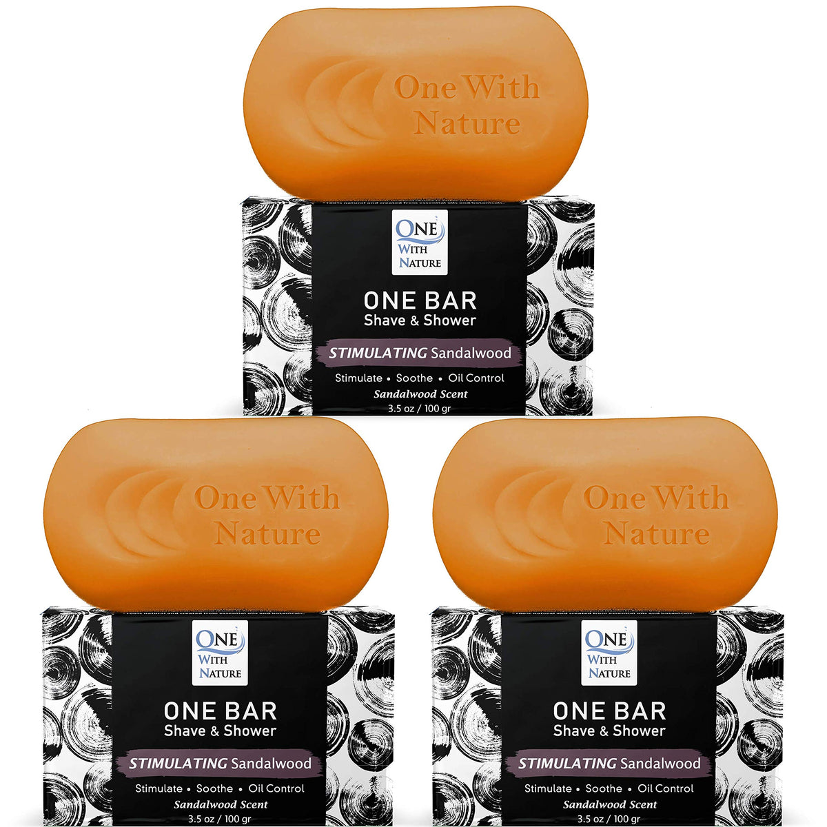 One With Nature sandalwood front packaging showing three bars and branding benefits