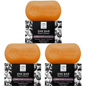 One With Nature sandalwood front packaging showing three bars and branding benefits