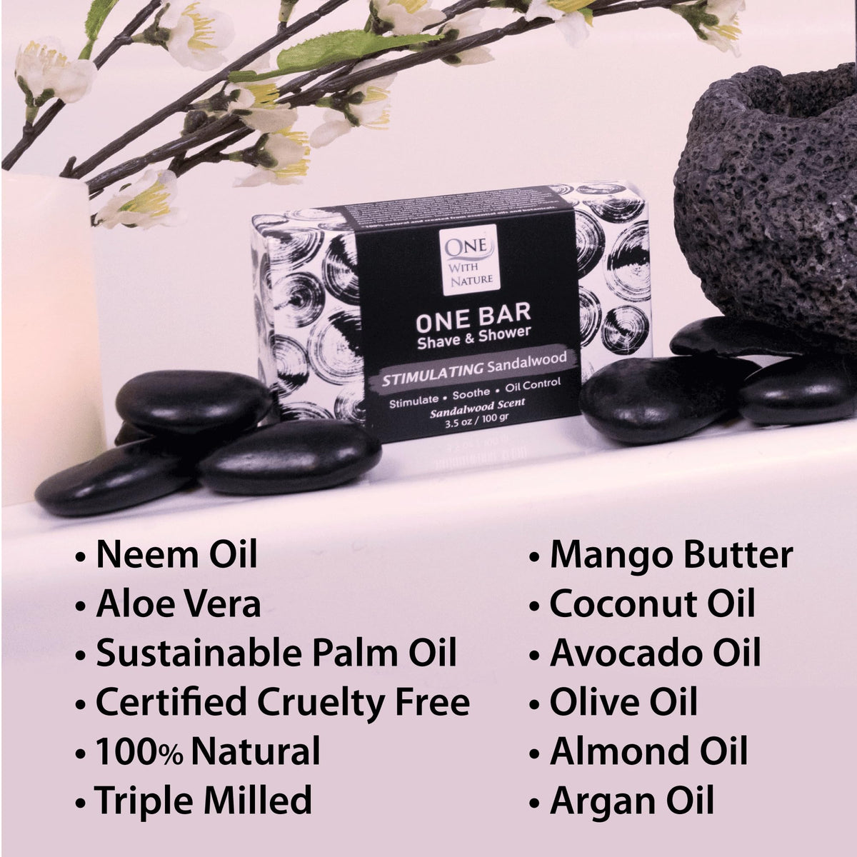 One With Nature sandalwood oils and botanicals laid out to show nourishing ingredients