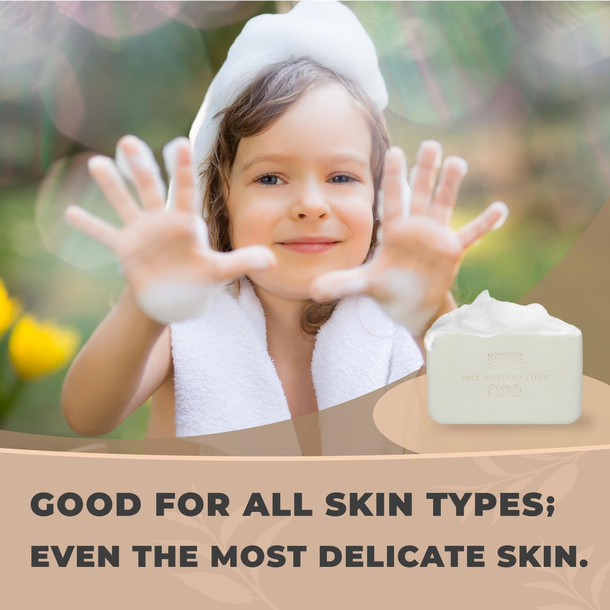 Hand holding 7 oz One With Nature bar to show scale and long-lasting usage benefit