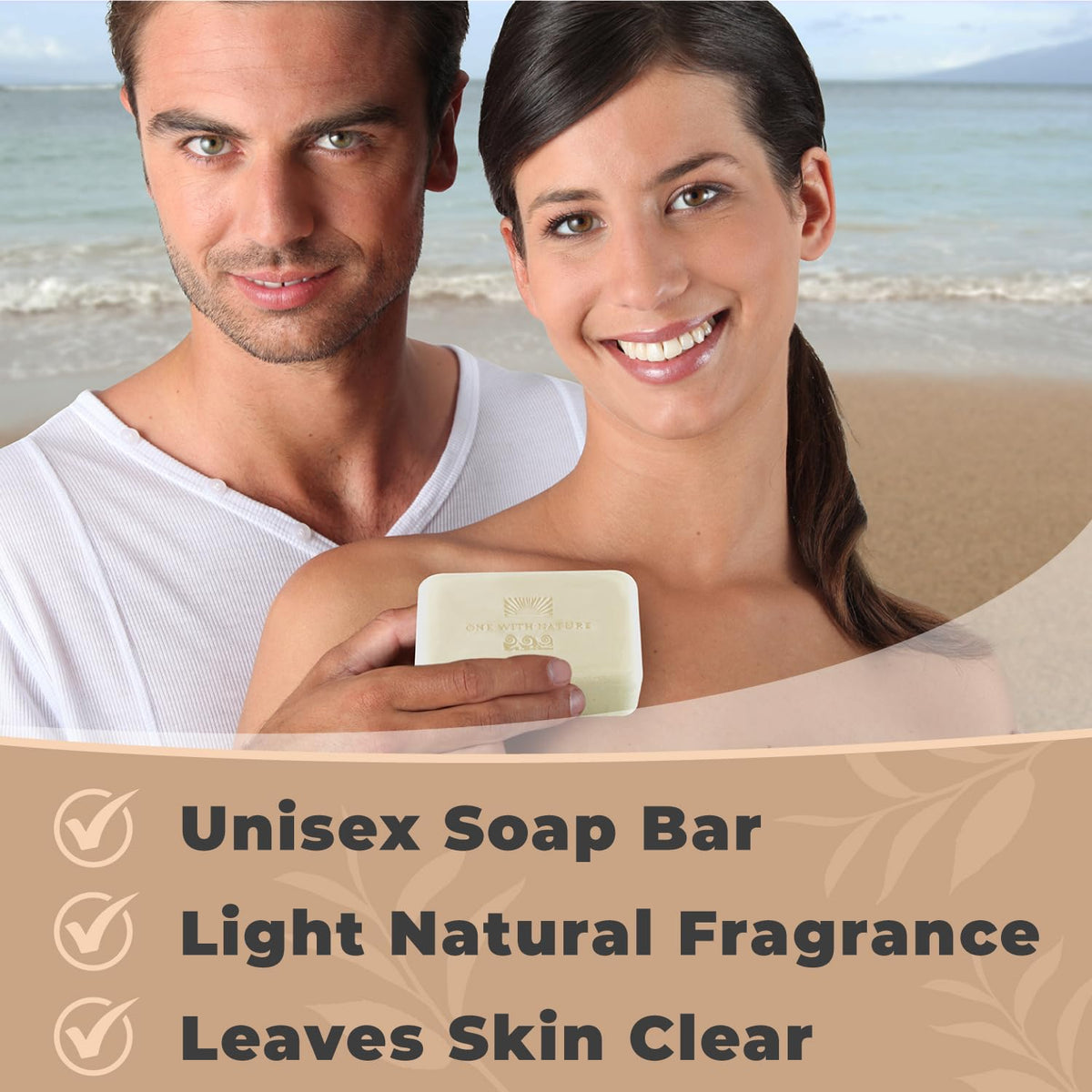 One With Nature soap being used in shower demonstrating smoothing and cleansing benefit