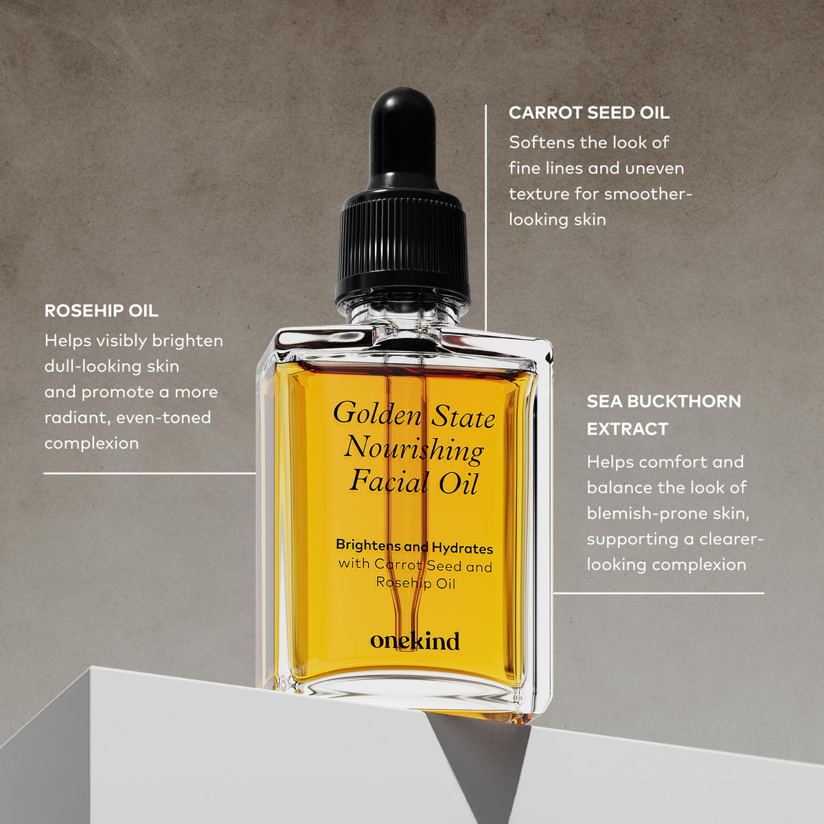 onekind flatlay of rosehip, sea buckthorn, carrot seed ingredients conveying antioxidant benefits