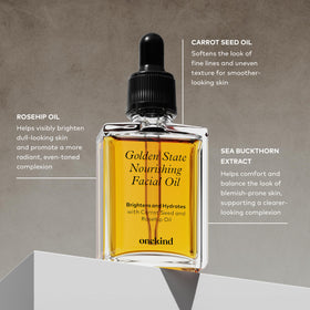 onekind flatlay of rosehip, sea buckthorn, carrot seed ingredients conveying antioxidant benefits