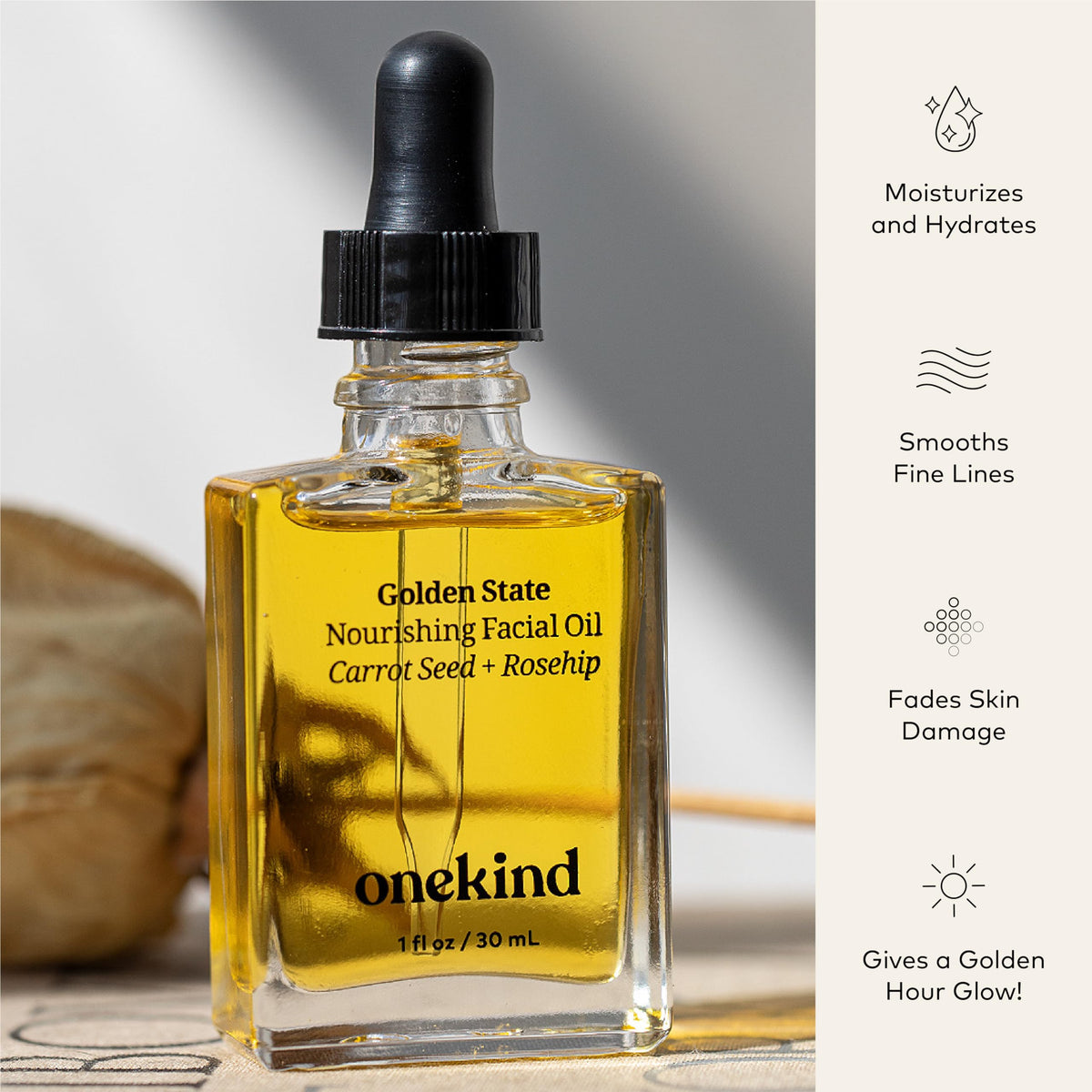 onekind oil next to makeup bag showing compatibility with morning beauty routines