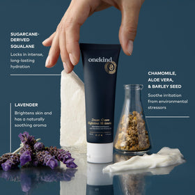 Onekind jar open with cream visible demonstrating lightweight spreadable formula for skin