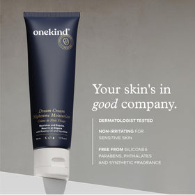 Onekind label detail close-up showing clean, vegan, fragrance-free claims for sensitive skin