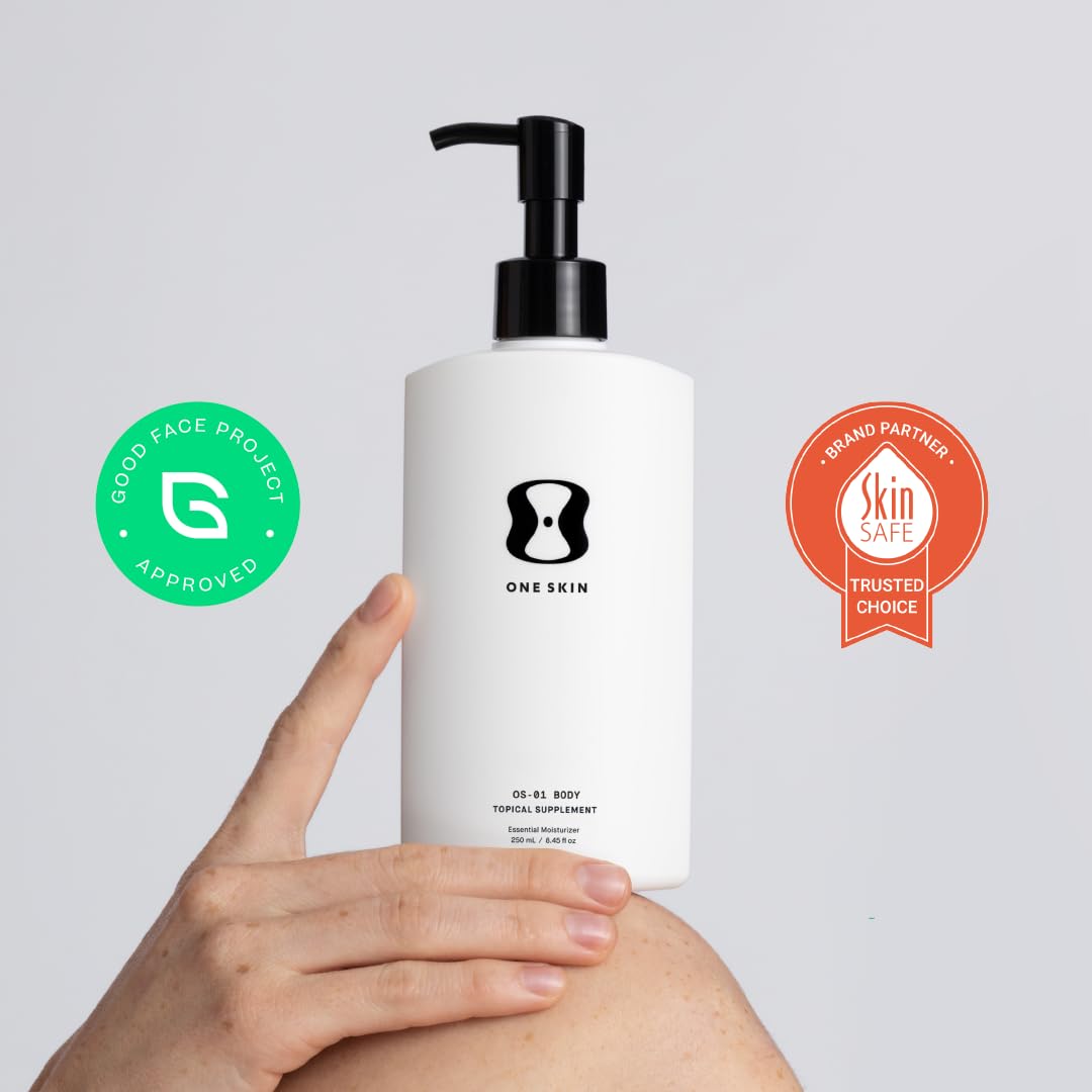 oneskin bottle on bathroom shelf in lifestyle setting suggesting daily routine benefit