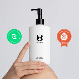 oneskin bottle on bathroom shelf in lifestyle setting suggesting daily routine benefit