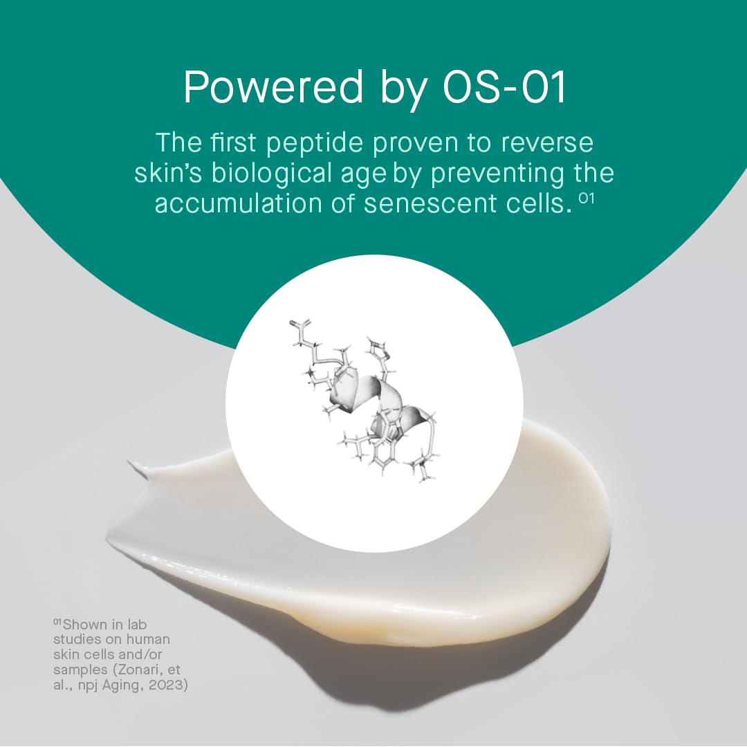 oneskin dispensed on hand showing lotion consistency, highlights easy application benefit