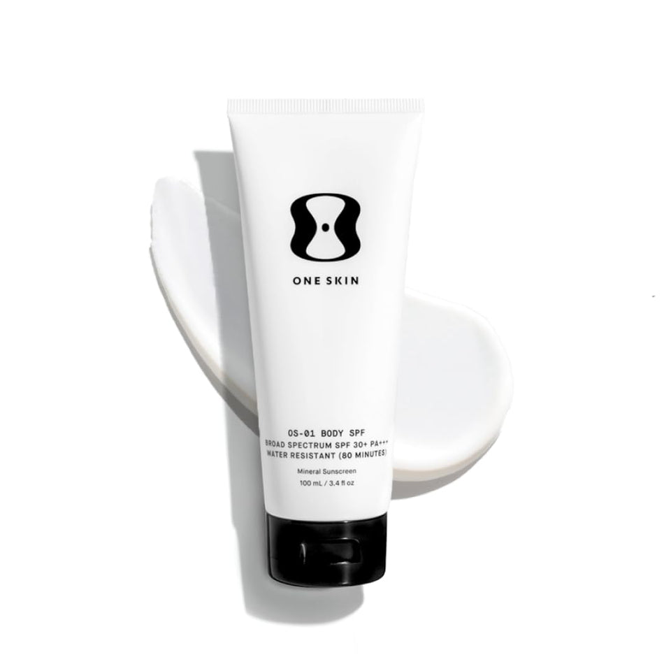 oneskin front packaging showing sunscreen tube and clear branding with product protection