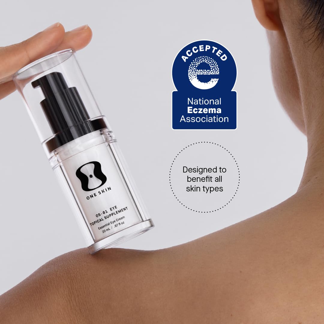 oneskin OS-01 EYE applied around model eye area, shows reduced puffiness and smoothing benefit