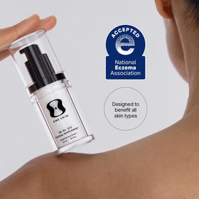 oneskin OS-01 EYE applied around model eye area, shows reduced puffiness and smoothing benefit
