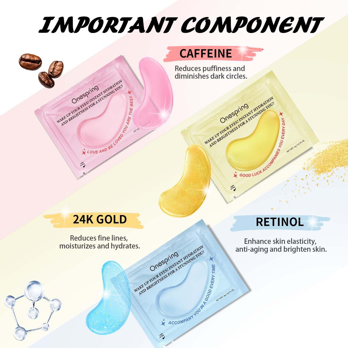 Onespring patches applied under eye demonstrating de-puffing effect