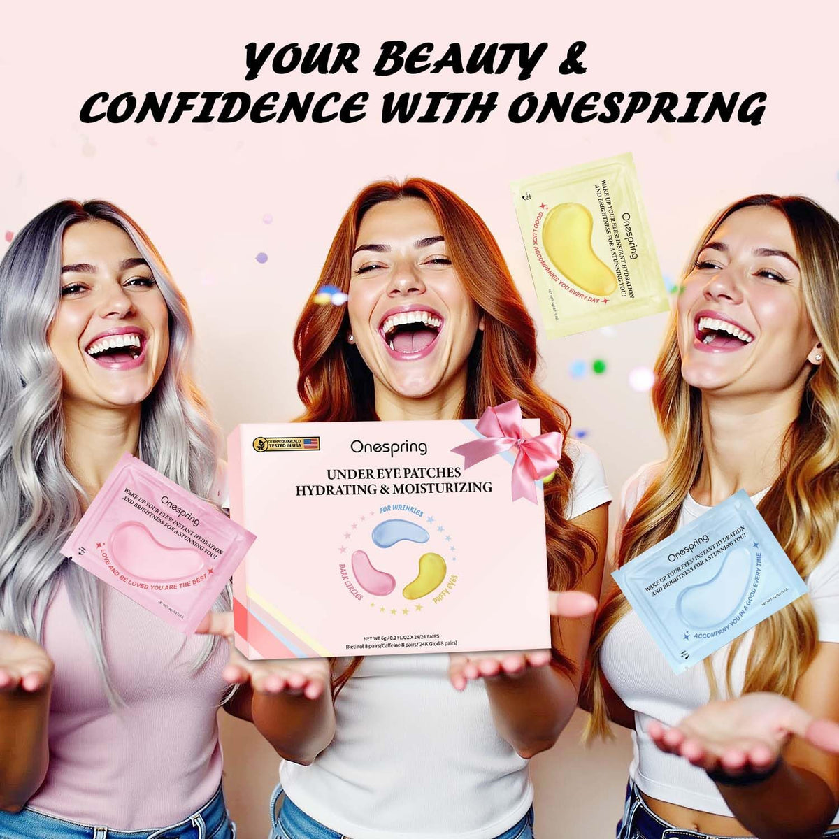Onespring eye masks styled on bathroom shelf for self-care routine