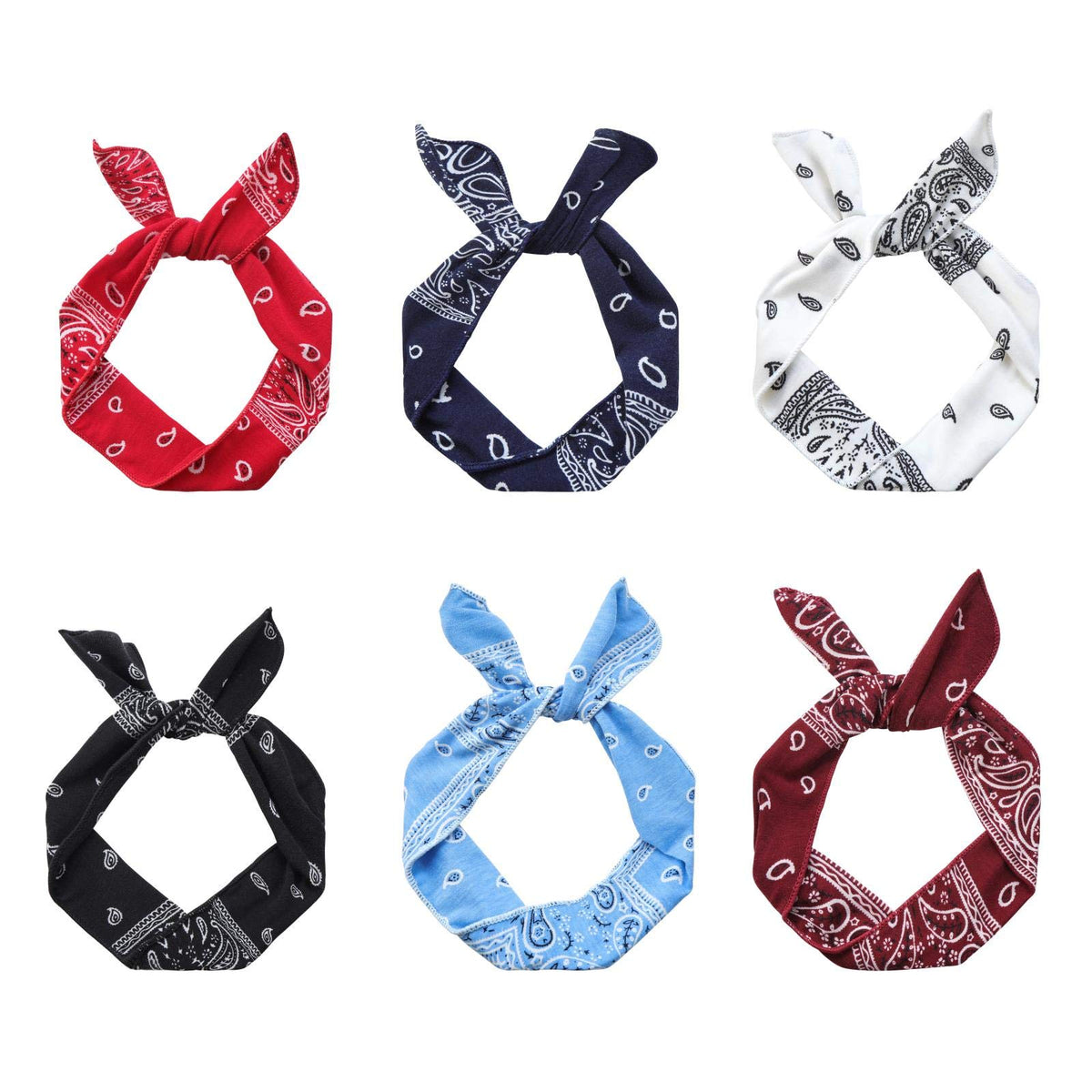 ONEYE paisley headbands front view showing six colorful patterns and fit benefit