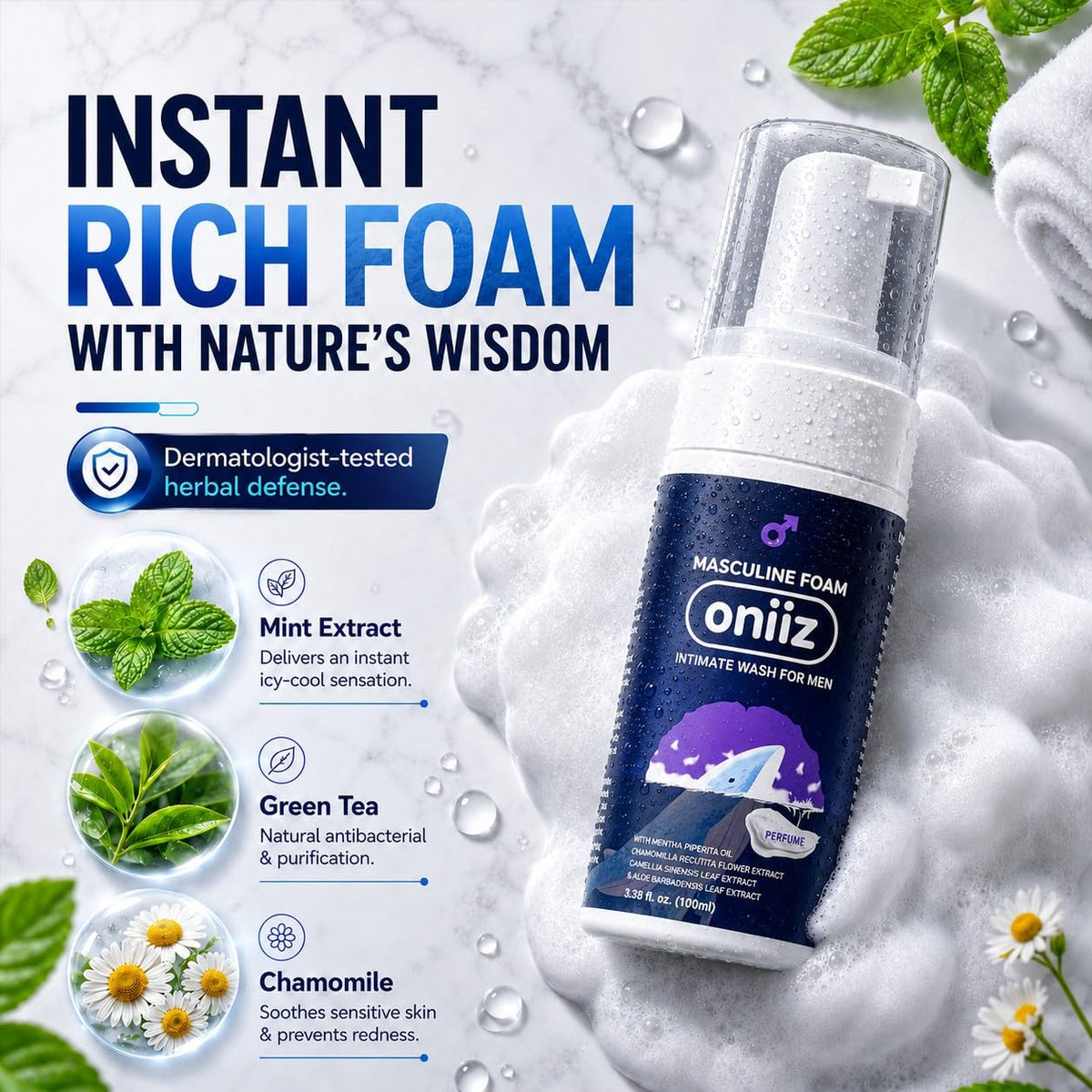 ONIIZ botanical ingredients aloe chamomile green tea for soothing care