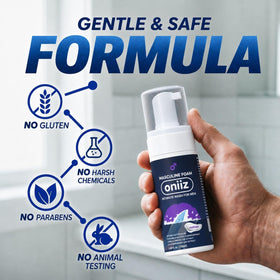 ONIIZ label close-up showing pH balance and gentle formula benefits