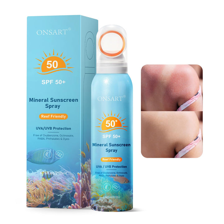 ONSART front packaging showing reef safe SPF 50 for clear protection
