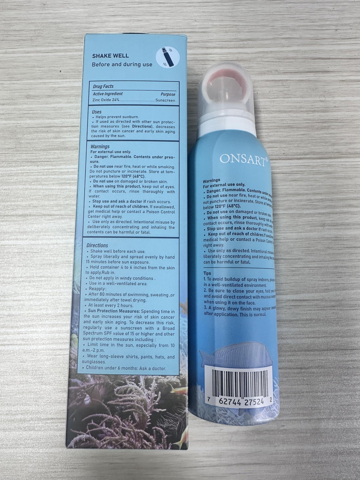 ONSART label close-up emphasizing 24% zinc oxide mineral protection