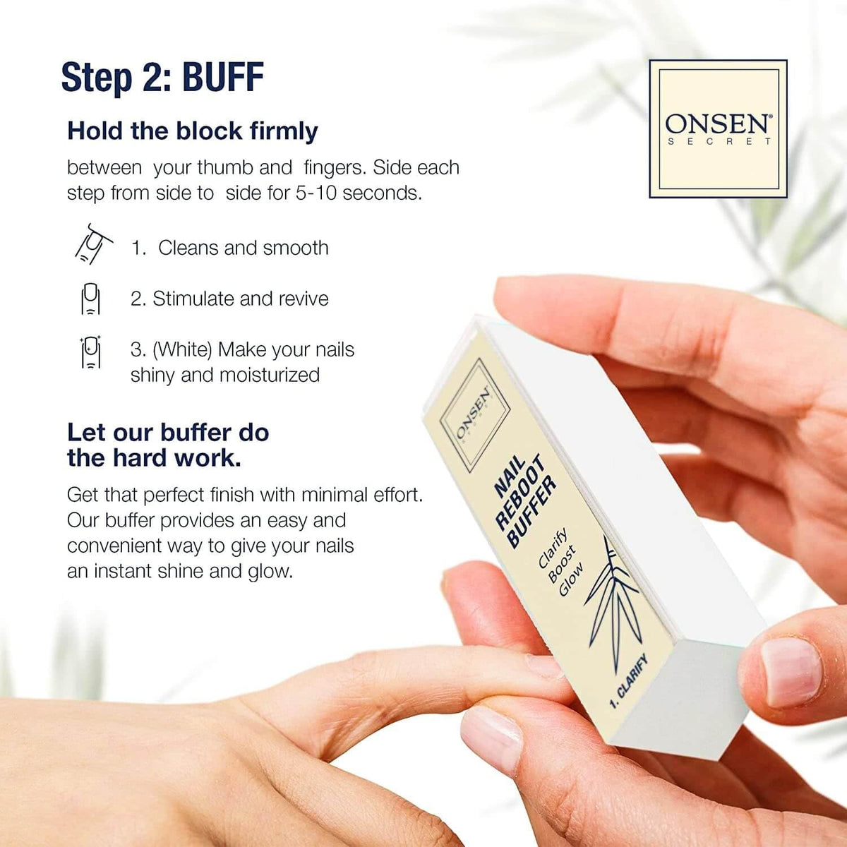 Onsen Secret file and buffer in hand illustrating easy at-home use