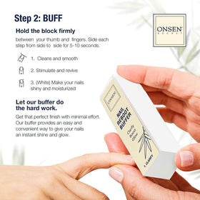 Onsen Secret file and buffer in hand illustrating easy at-home use