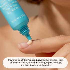 Onsen Secret in-use on a hand demonstrating how the treatment softens cuticles and strengthens nails