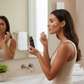 Onyx on bathroom counter during skincare routine showing easy layering under makeup benefit