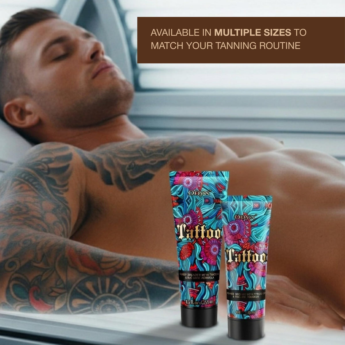 Onyx product grouping placed by tanning bed to show intended use